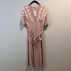 Free People Midi Dress with Floral Embroidery